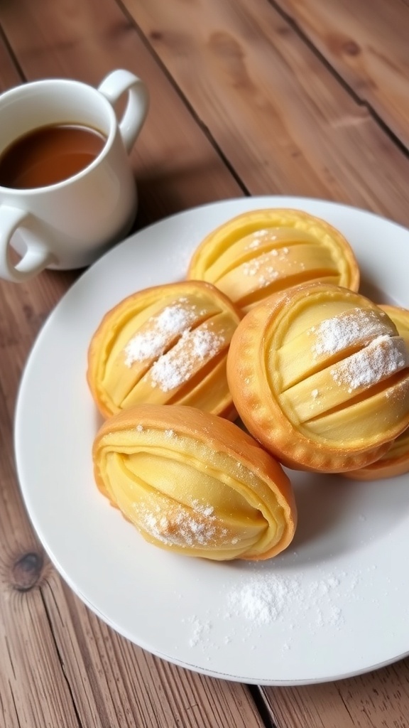 Golden Butter Jacquemus pastries dusted with powdered sugar on a rustic table with a cup of coffee.